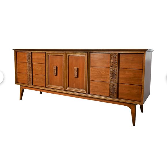 Bassett Mayan Walnut Credenza Long Dresser Marble Insets Mid Century Modern - Picture 1 of 8